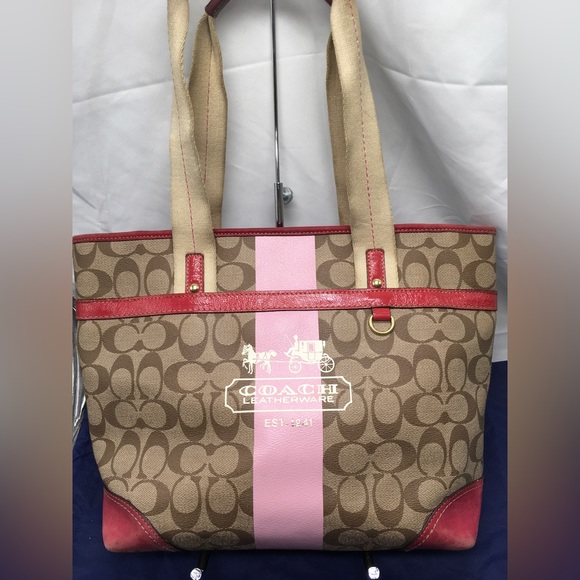 Coach Heritage Stripe Signature Tote Shoulder Bag 11350 Canvas Pink Stripe - Picture 1 of 16
